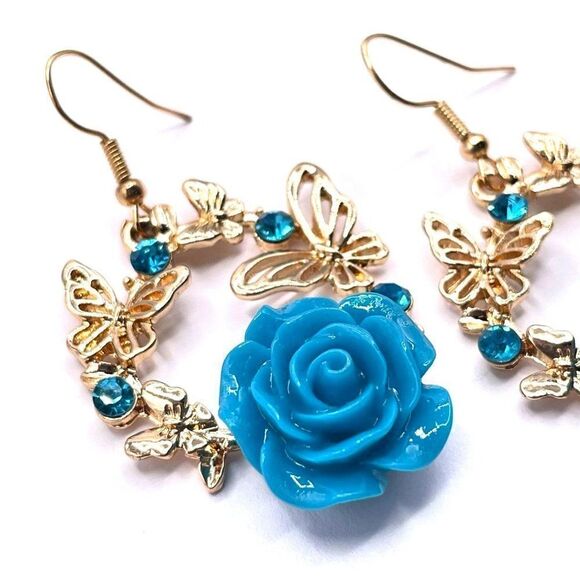 Yellow Gold with Blue Roses and Crystal Dangling Butterfly Hook Earrings - Picture 6 of 8